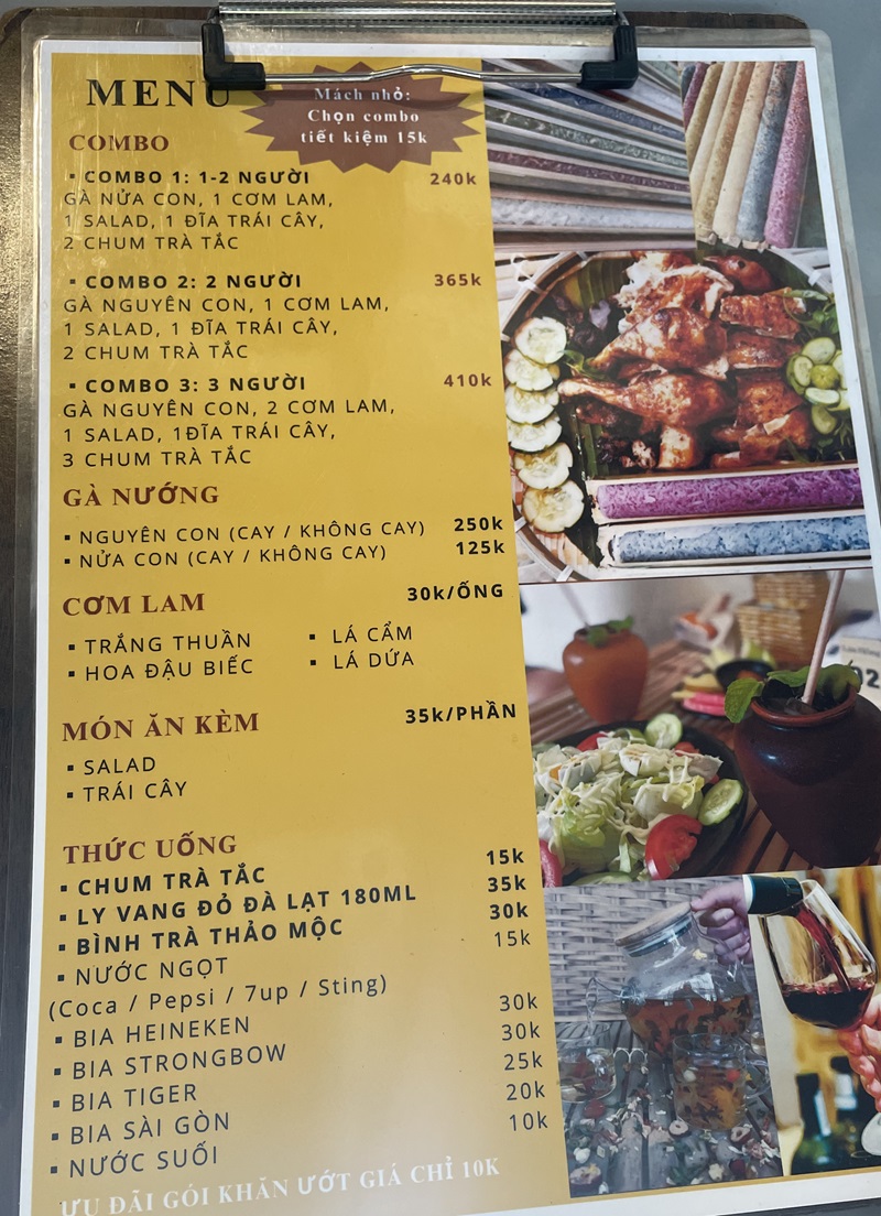 Menu gà nướng cơm lam Đà Lạt Lửa Hồng.