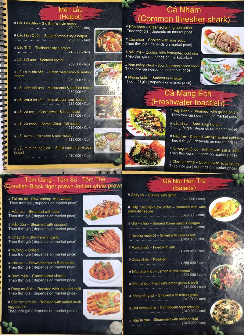 Menu nhà hàng Gió Biển Rạch Giá.