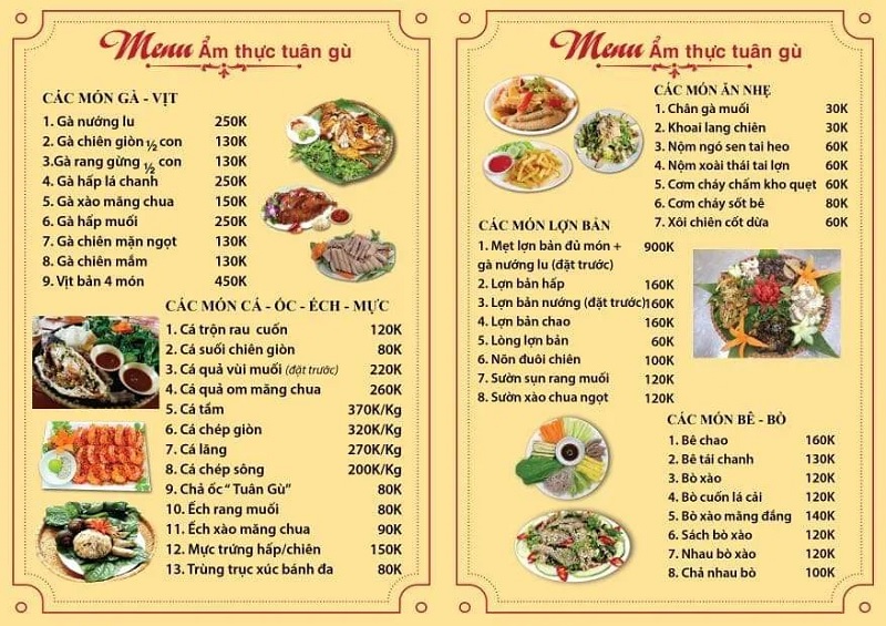 Menu nhà hàng Tuân Gù Mộc Châu.