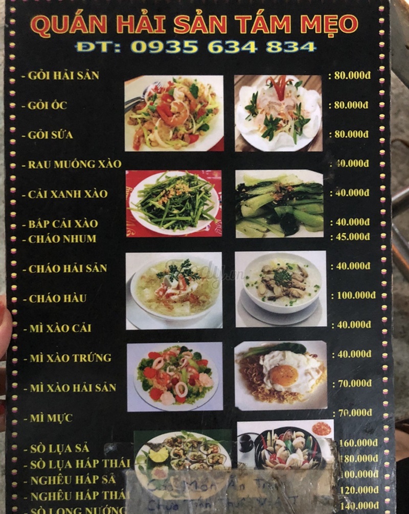 Menu quán hải sản Tám Mẹo.