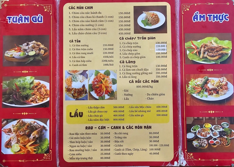 Menu nhà hàng Tuân Gù Mộc Châu.